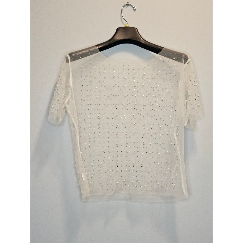 White Sheer Mesh Pearl Rhinestone Embellished Short Sleeve Top Large